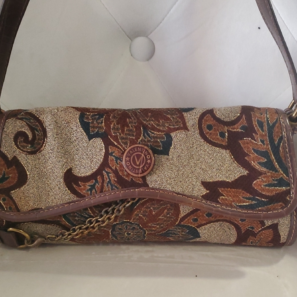 Vtg Mario  Valentino Brown and Gold Patterned Shoulder Bag - Picture 2 of 15